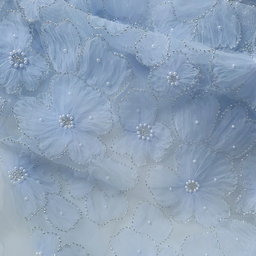 Embroidered Lace Fabric for Children\'s Clothing, 3D Mesh Flowers, Silver Bead, Pearl Wedding Dress, Lace Ribbon, 3 Colors