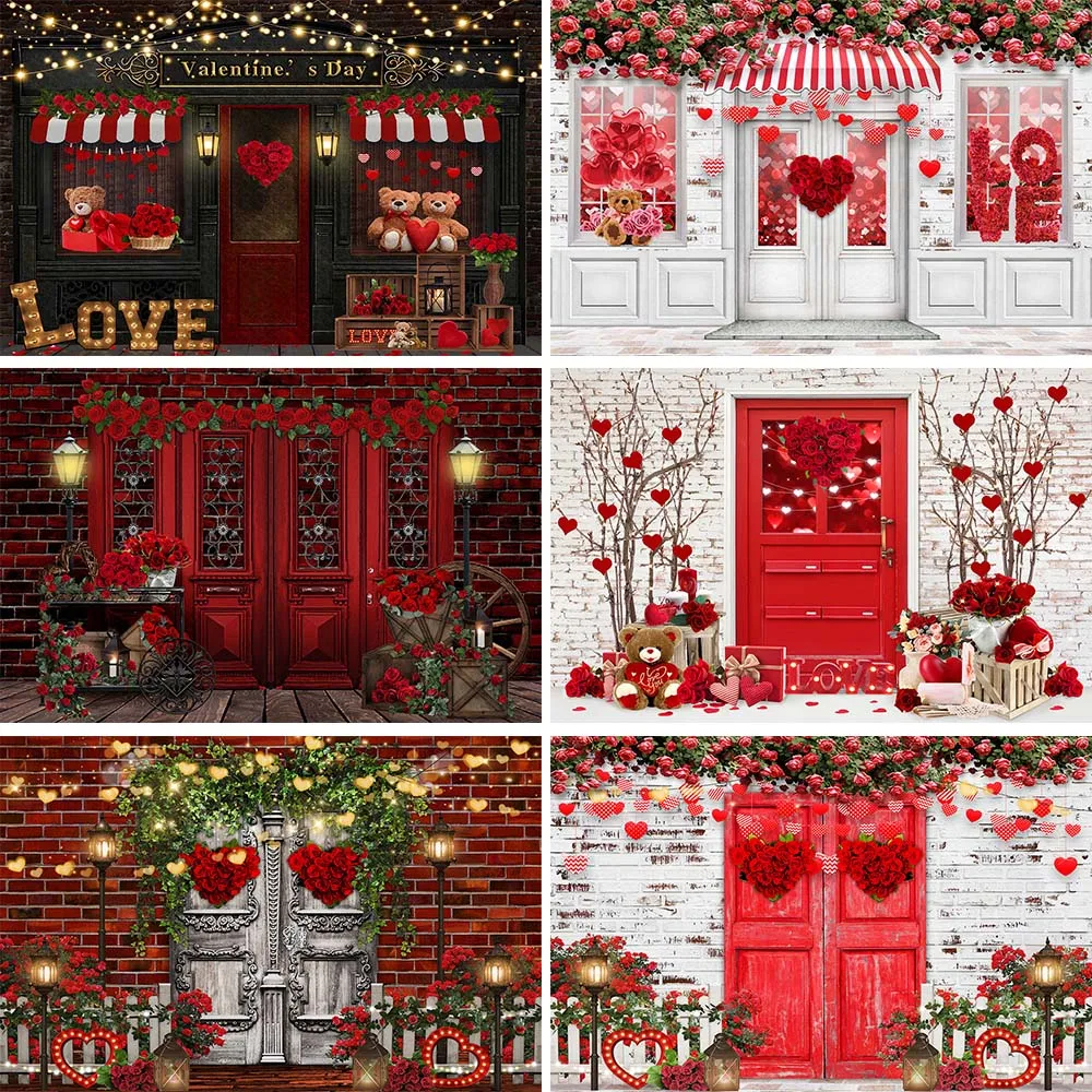 

Mocsicka Valentine's Day Backdrops for Photography Rose Shop Flower Red Door Brick Wall Photo Background Studio Photoshoot Props