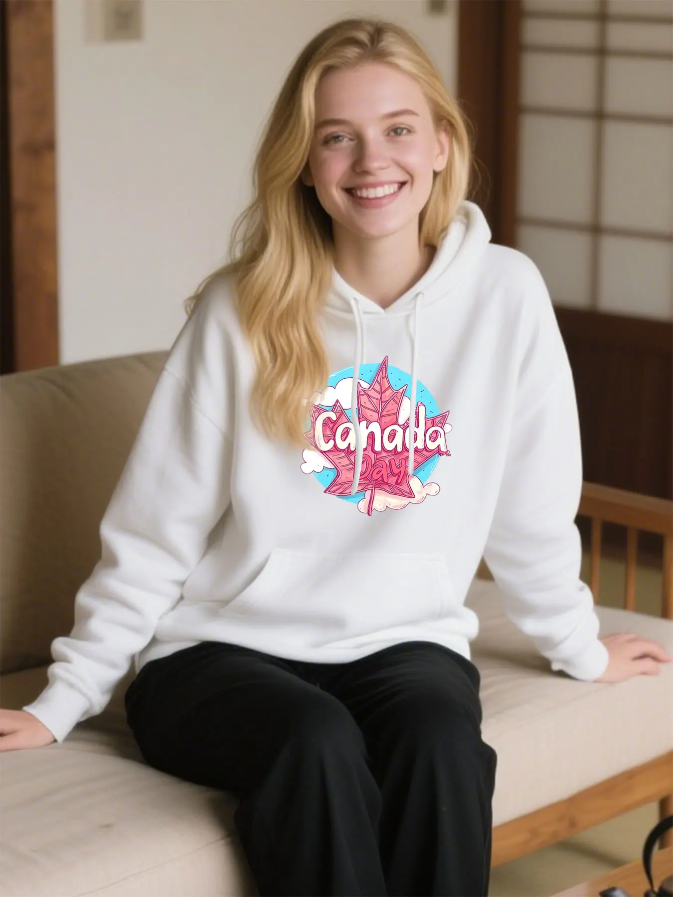 Zachte katoenen hoodie met Canada Maple Leaf-print, unisex trui voor kerstcadeaus en vrijetijdskleding