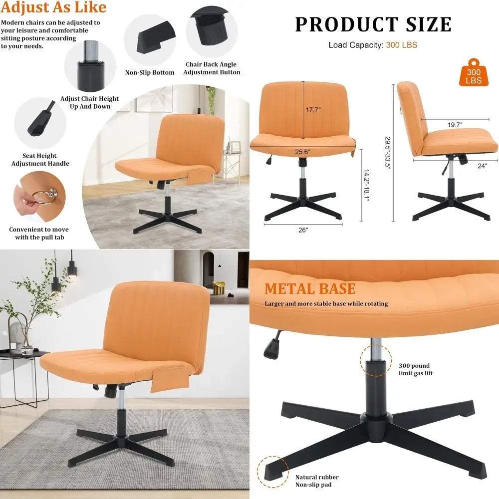 

Modern Swivel Office Chair with Adjustable Height, PU Leather, Armless, Storage Bag, Orange