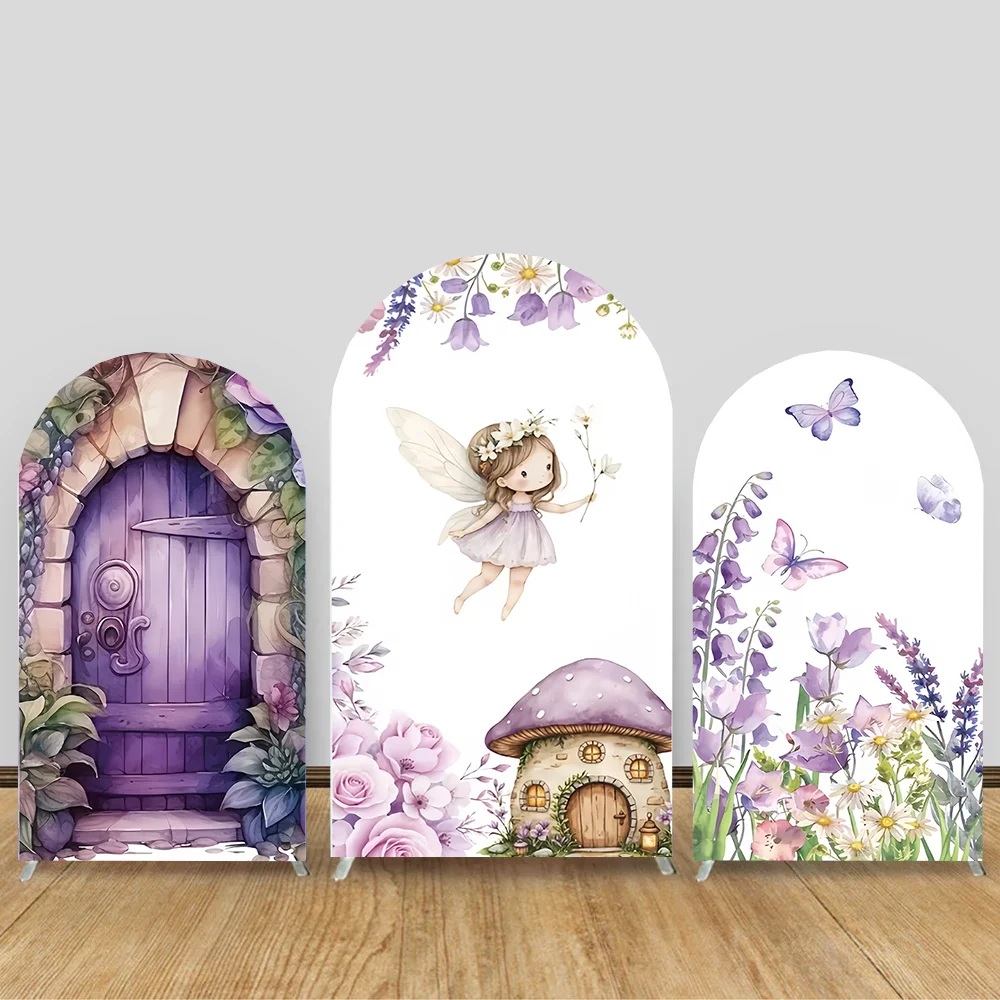 Fairy Girl 1st Birthday Party Arch Backdrop Spring Garden Purple Butterfly Floral Mushroom Door Baby Shower Backgrounds
