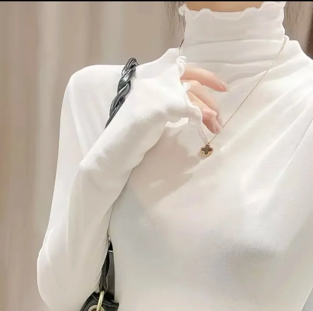 

High Neck Sheer Mesh Top Women Clothing Long Sleeve Turtleneck T-shirt Korean Sexy See Through Black White Beige Shirt New