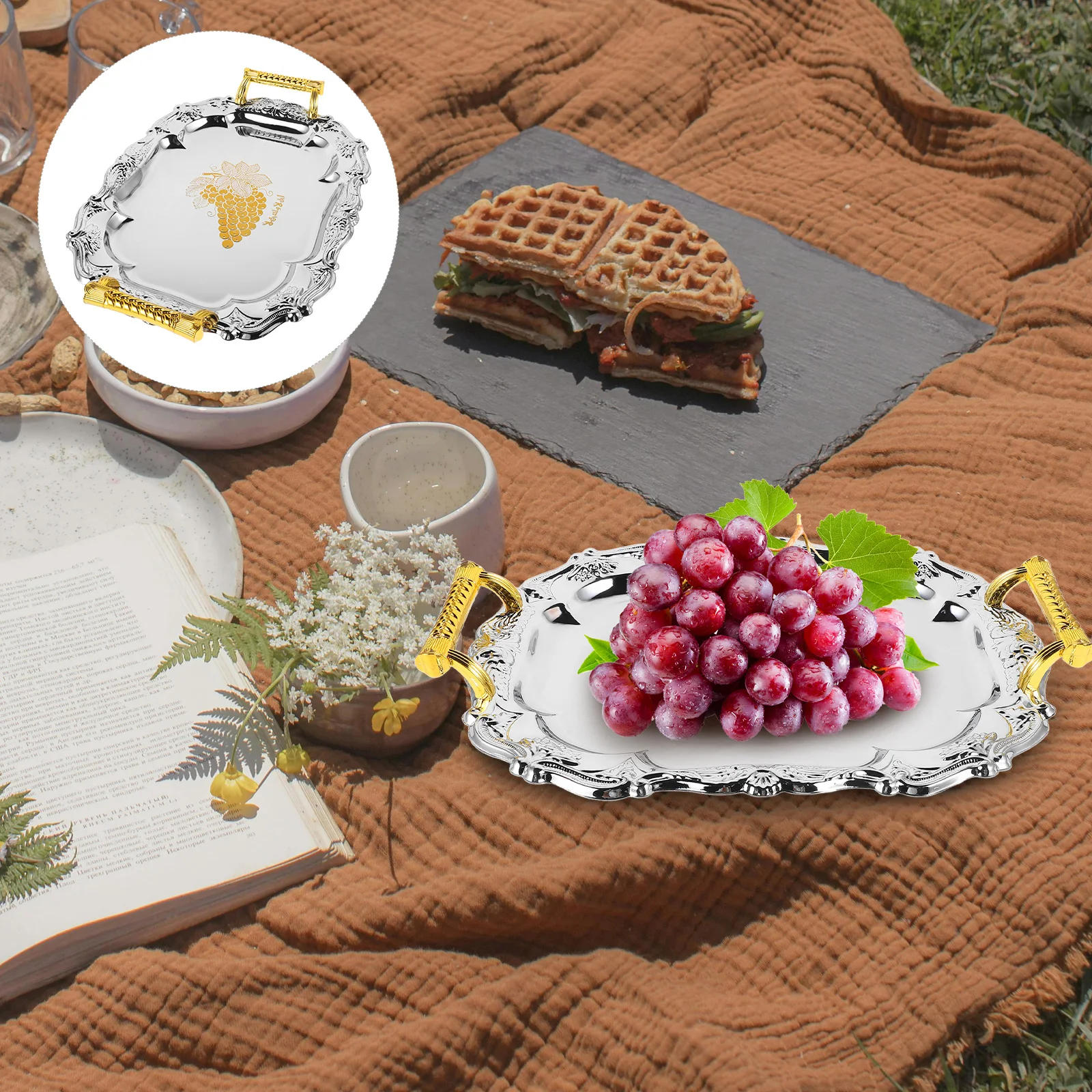 

Stainless Steel Serving European Vintage Style Decorative Food Beverage Tray With Handles Multi-Use Kitchen Dessert Trays