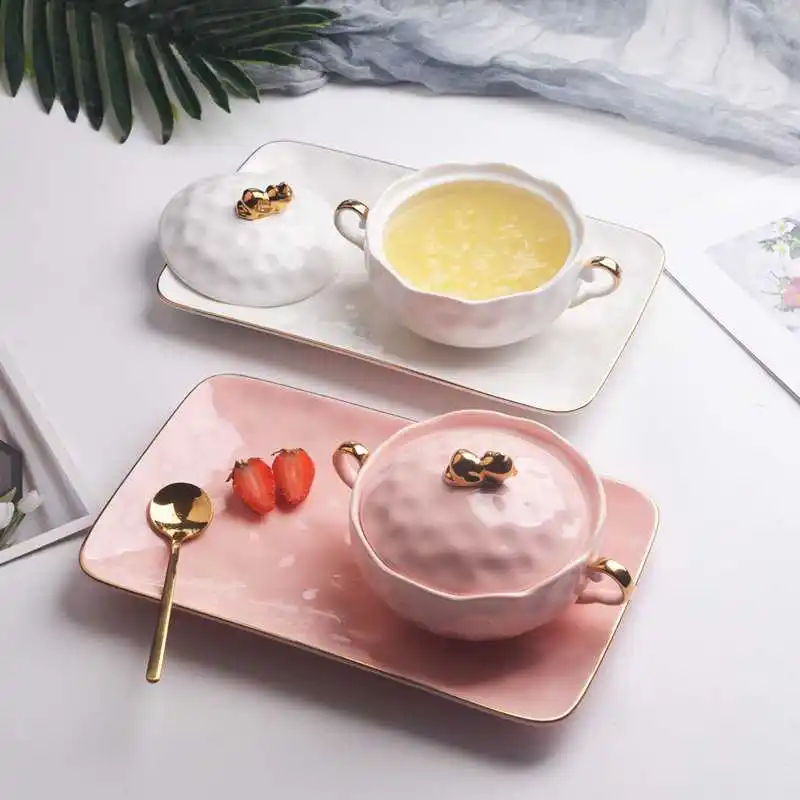 

European Style Ceramic Cup Set with Cover Bowl Dessert Cup Exquisite Set Plate Spoon Sugar Water Bird's Nest Bowl Tableware