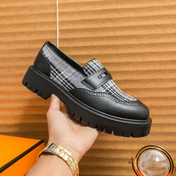 Carved Loafers Shoes Men PU Patchwork Plaid Thick Sole Anti Slip Fashionable Business Casual Men Shoes Large Size 38-46