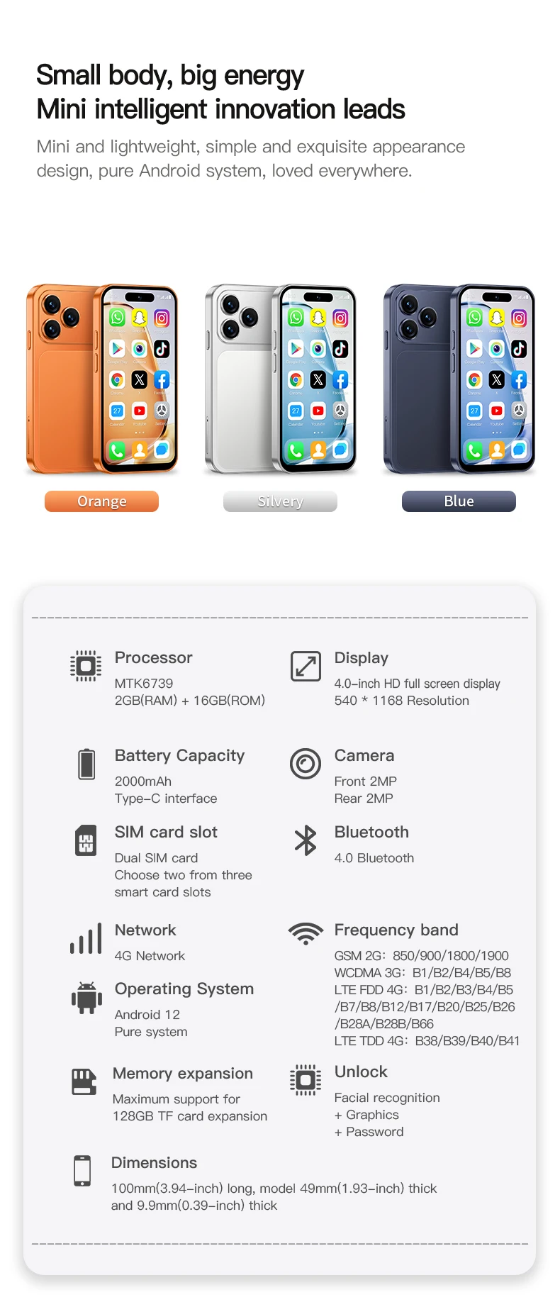 2026 New ONEMYTH Orange A18 Pro&A19 Pro, 3.99″/4.5″, 2000mAh Battery, 4G Network Dual SIM Cards, mini Smartphone