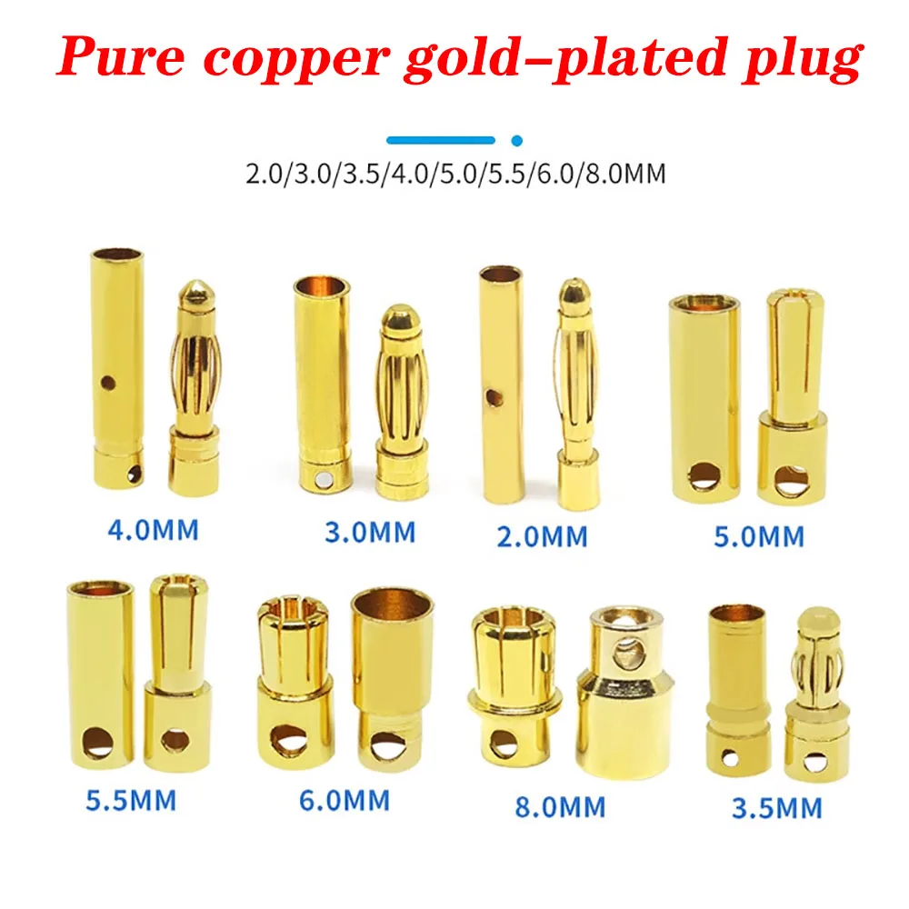 1-10pcs 2.0mm 3.0mm 3.5mm 4.0mm 5.0mm 5.5mm 6mm 6.5mm 8mm Gold-plated Bullet Plug High Current Banana Connector for RC Lipo