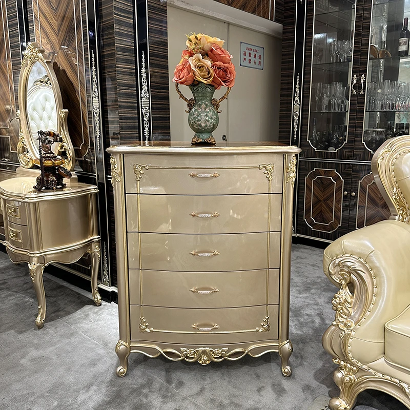 

French solid wood chest of drawers, European luxury engraved champagne gold chest of drawers, storage lockers, living room furni