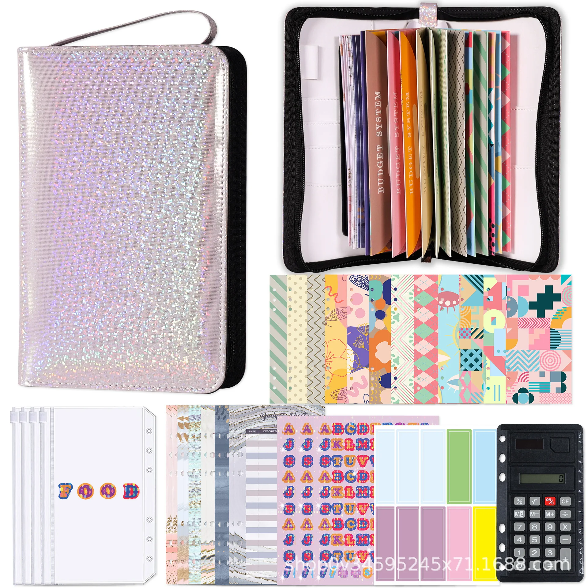 مجموعة إدارة الميزانية الكبيرة بسحاب مقاس A6 مع آلة حاسبة، وأظرف بسحاب، وأظرف نقدية لوضع الميزانية، وملصقات A6 باللون البني