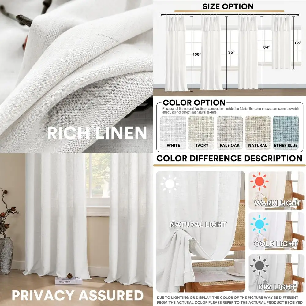 

95 белых льняных штор в стиле фермерского дома с подзором, комплект из 2 панелей для спальни или гостиной, конфиденциальность с фильтром света