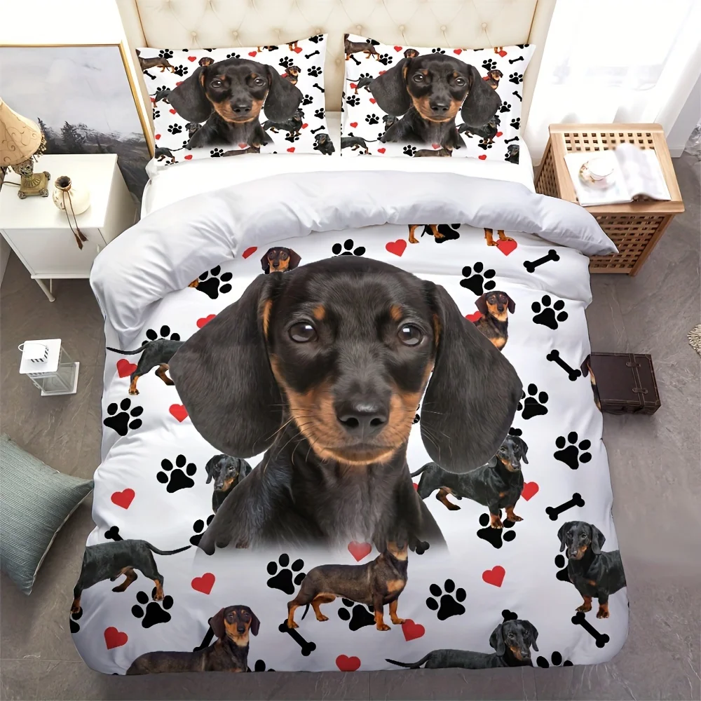 Cute Dachshund Dog Printed Duvet Cover Set - Bedroom & Guest Room Bedding Collection