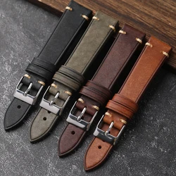 Vintage Brushed Leather Watchband 18 19 20 21 22MM Ultra-Thin Soft Leather, Black, Brown, Green Grey With Antique Bracelet