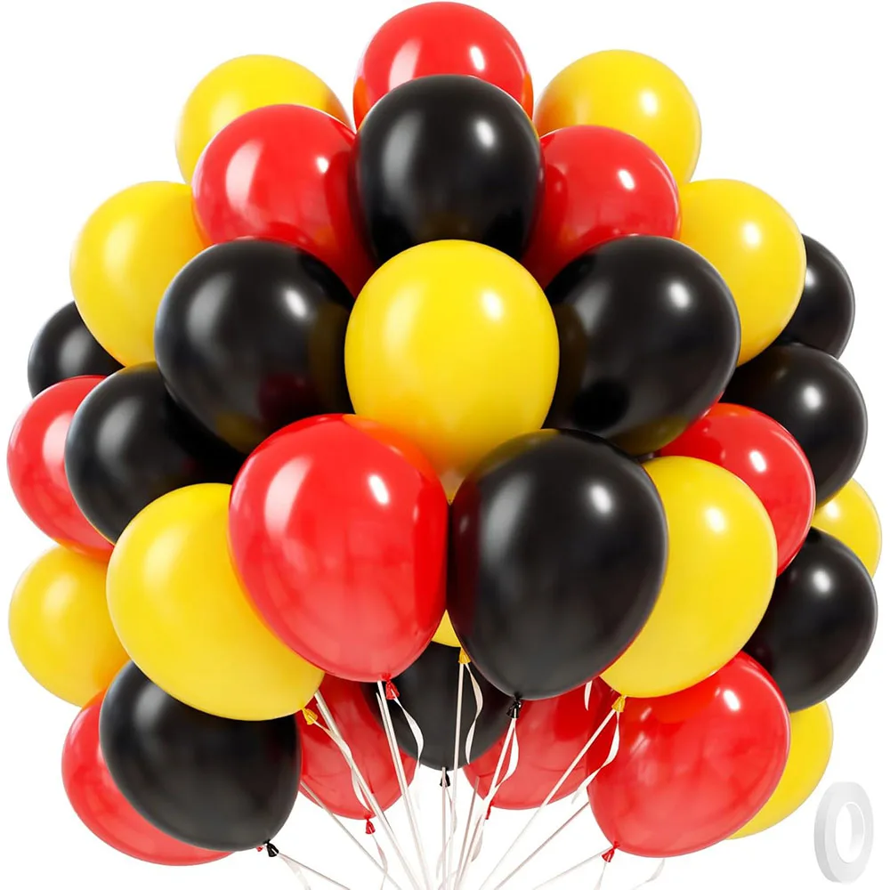48-teiliges Ballon-Set in Schwarz, Rot und Gelb, geeignet für Hochzeiten, Geburtstage, Pop-Partys, Brautpartys, Dekoration und als Geschenk.