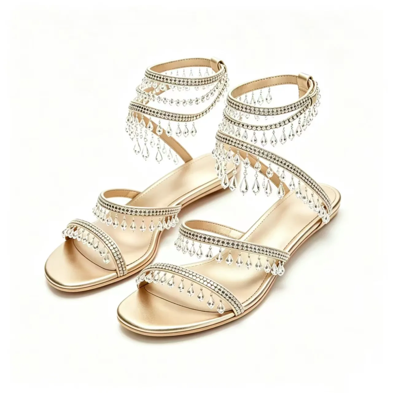 Summer New Women's Apricot Rhinestone Tassel Flat Sandals Round Toe Multi Strap Ankle Wrap Sparkly Crystal Casual Daily Sandals