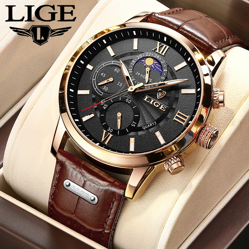 

LIGE Роскошные мужские часы Водонепроницаемые светящиеся кварцевые наручные часы Кожаные спортивные часы с датой Лучший бренд для мужчин Relogios Masculinos