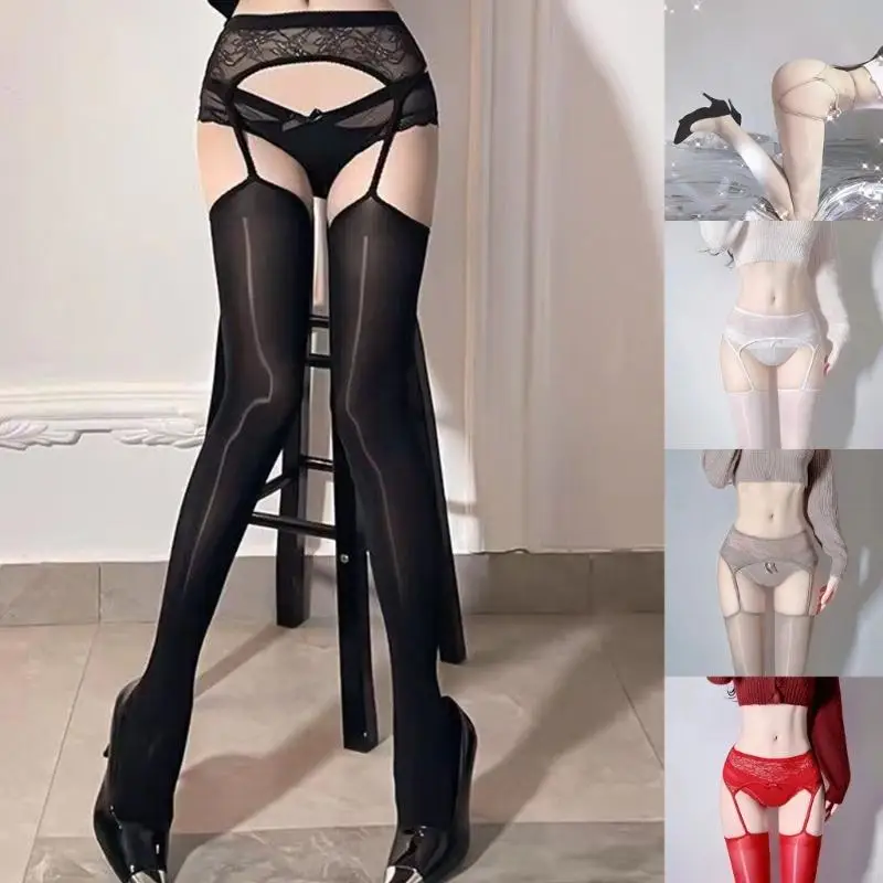 P88B Womens Suspender Tights with Lace Garter Belt Oil Solid Thigh High Stockings Open Crotch See Through Pantyhose Lingerie