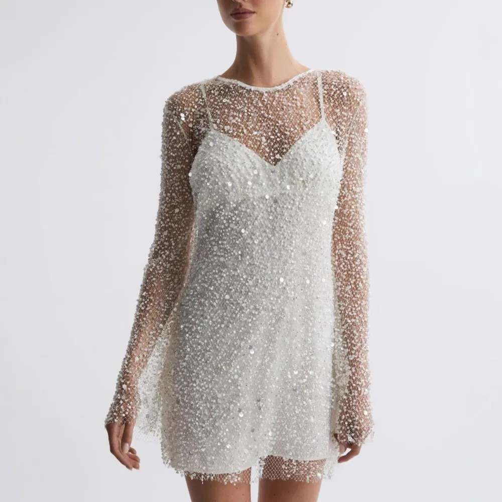 Women Fashion Sequin Splicing See Through Mesh Mini Dress Two Piece Sets Autumn Sling Dress + Mesh Long Sleeve Loose Dresses Set
