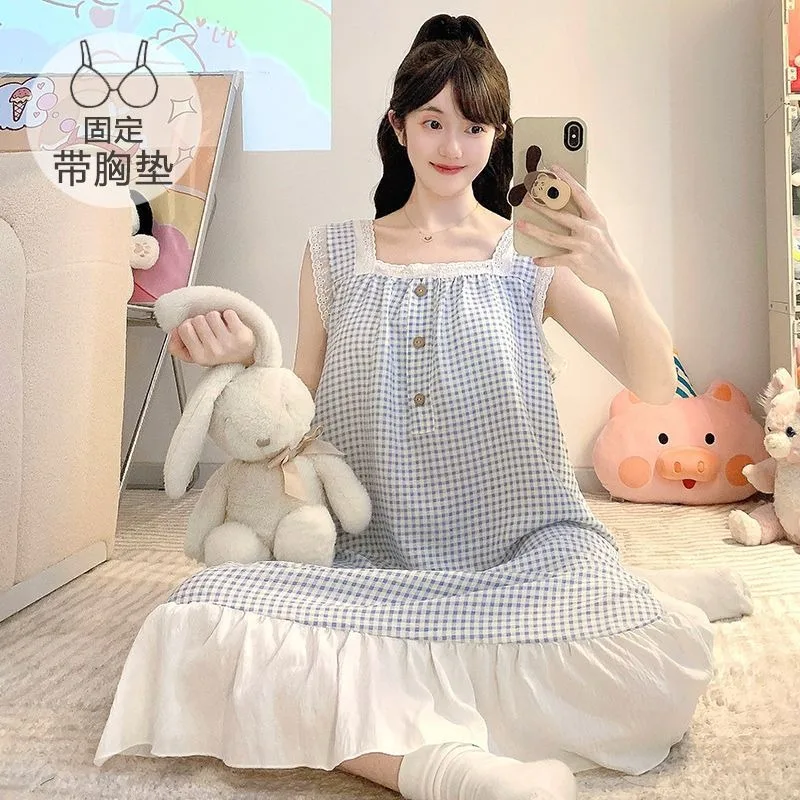 

Korean Students Dormitory Home Dress Built-in Bra Pajamas Summer Plaid Loose Suspender Long Nightgown Princess Style Loungewear