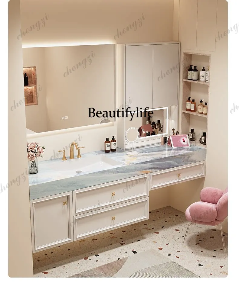 French light luxury cream style dresser bathroom cabinet combination oak makeup wash integrated cabinet