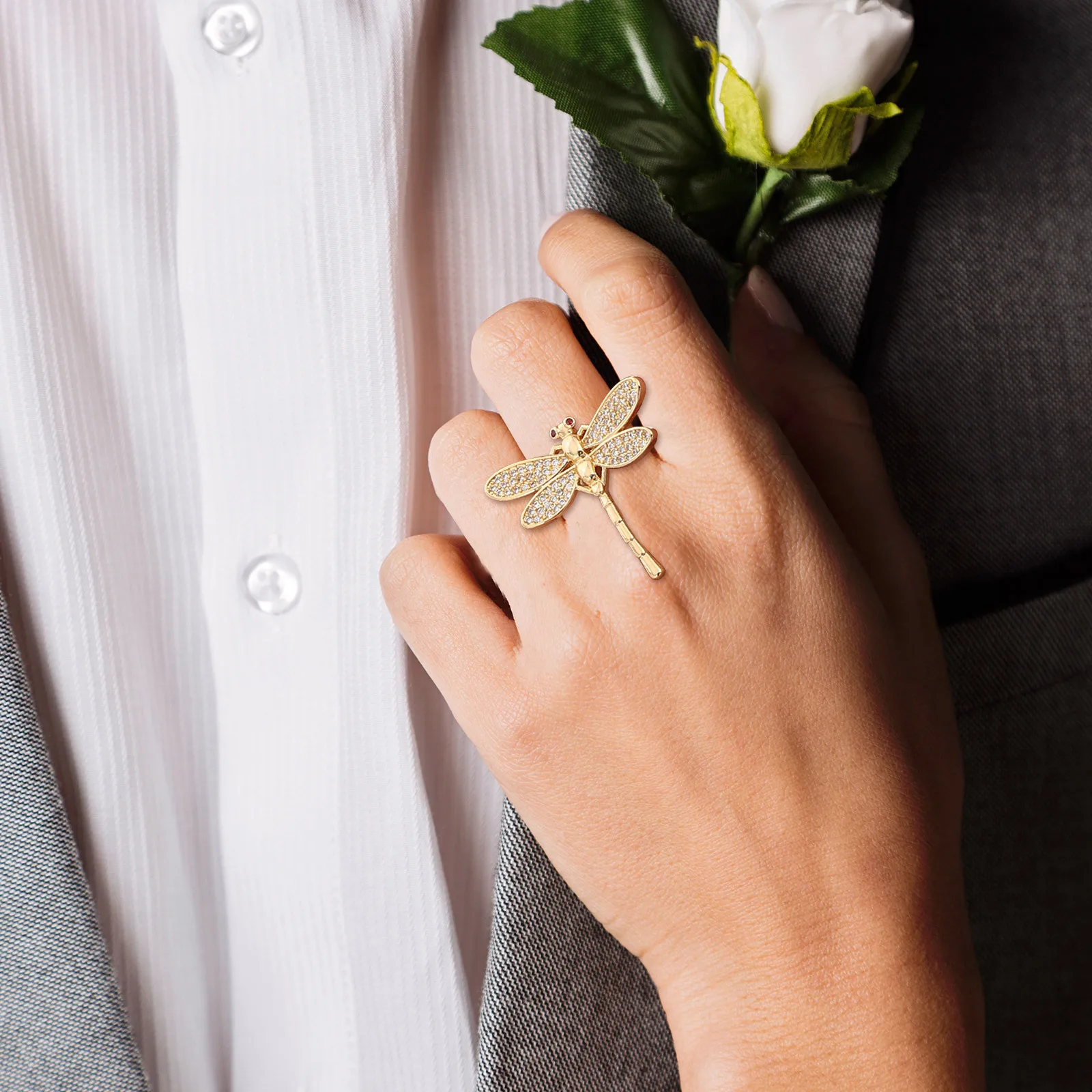 خاتم اليعسوب مطلي بالذهب خاتم مفتوح قابل للتعديل للنساء مكعب زركونيا مجوهرات الأزياء ملابس الزفاف اليومية #6