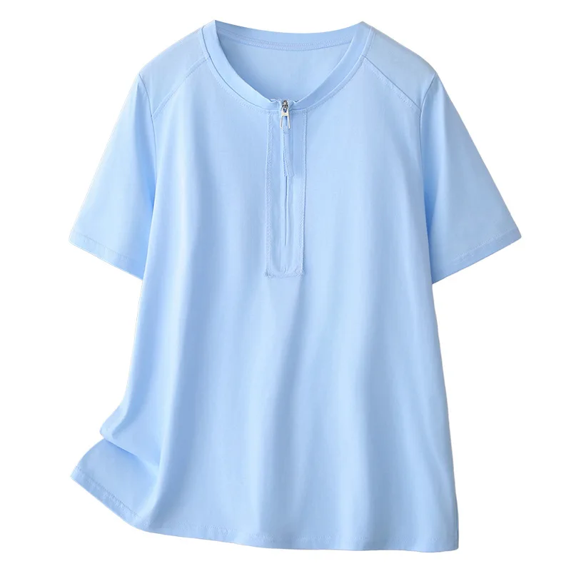 

2026 Summer Plus Size Cotton T-shirt For Women Half Zip Short Sleeve Solid Color Slim Versatile Tops For Curvy Ladies 2613