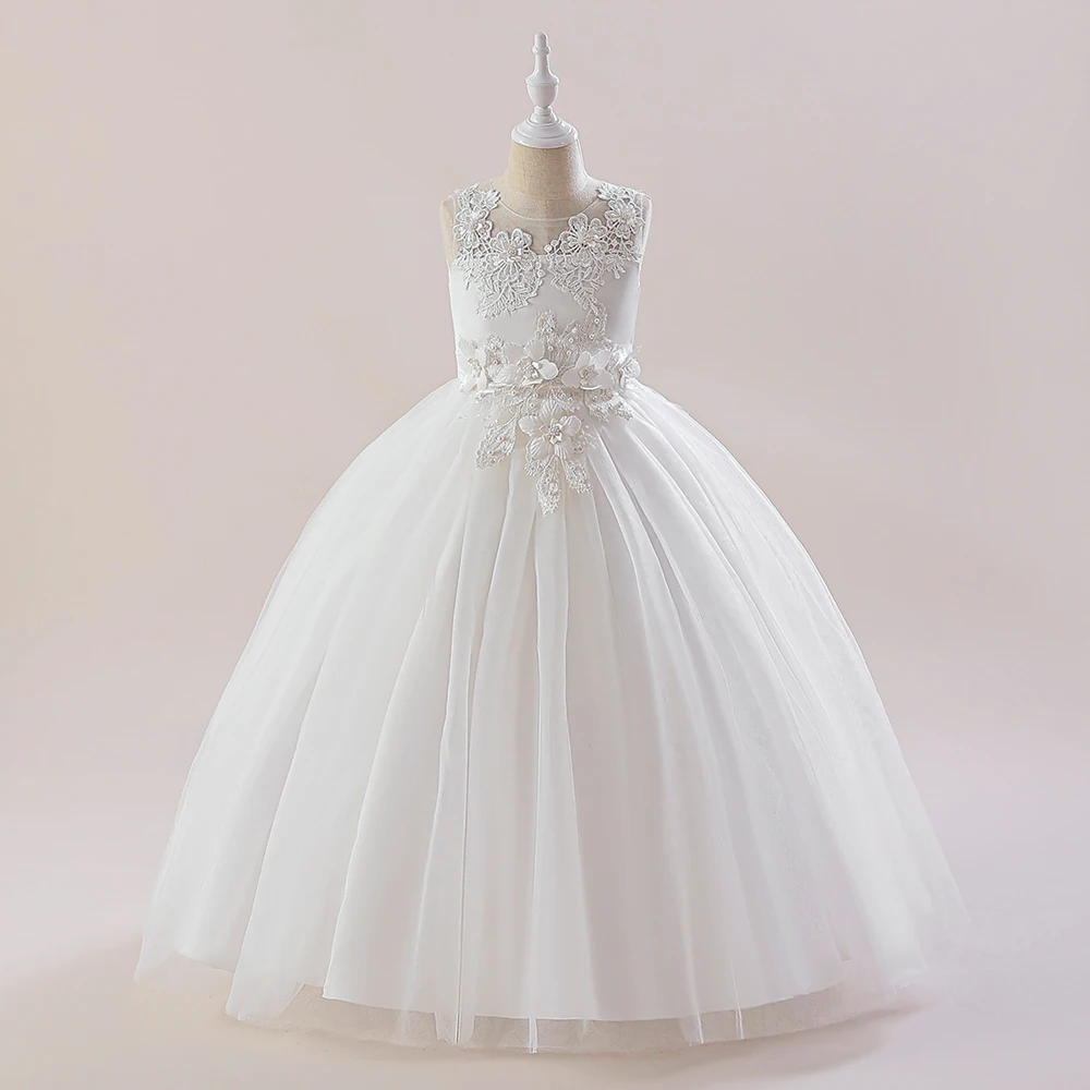 Elegant White Flower Tulle Girl Dress Evening Princess Lace Wedding First Communion Kids Party Dresses for Girls Bridemaids Gown