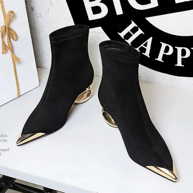 BIGTREE Shoes Street Style Fur Metal Hollow Heel Modern Faux Suede Short Boots for Women Metal Pointed Toe Low Heel Boots Female
