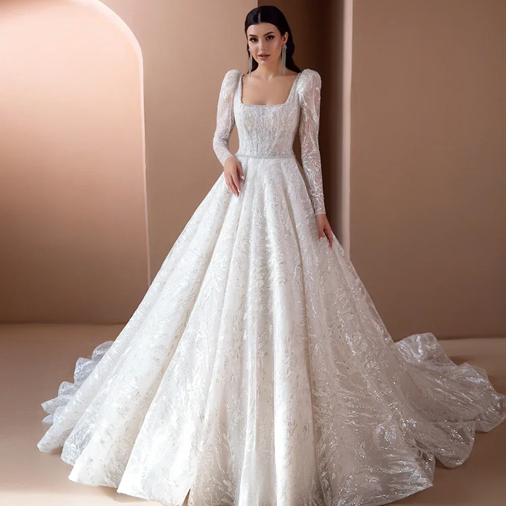 

Arab Luxury Square Neck Wedding Dress Fashion Glitter Long Sleeve Bride Dress A-line Princess Wedding Robe Customized