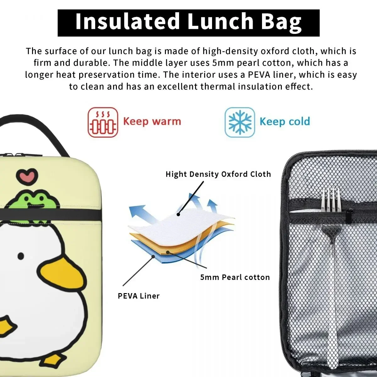 Cute Duck and Frog Thermal Insulated Lunch Bag School Kawaii Cartoon Portable Bento Box Cooler Thermal Lunch Box