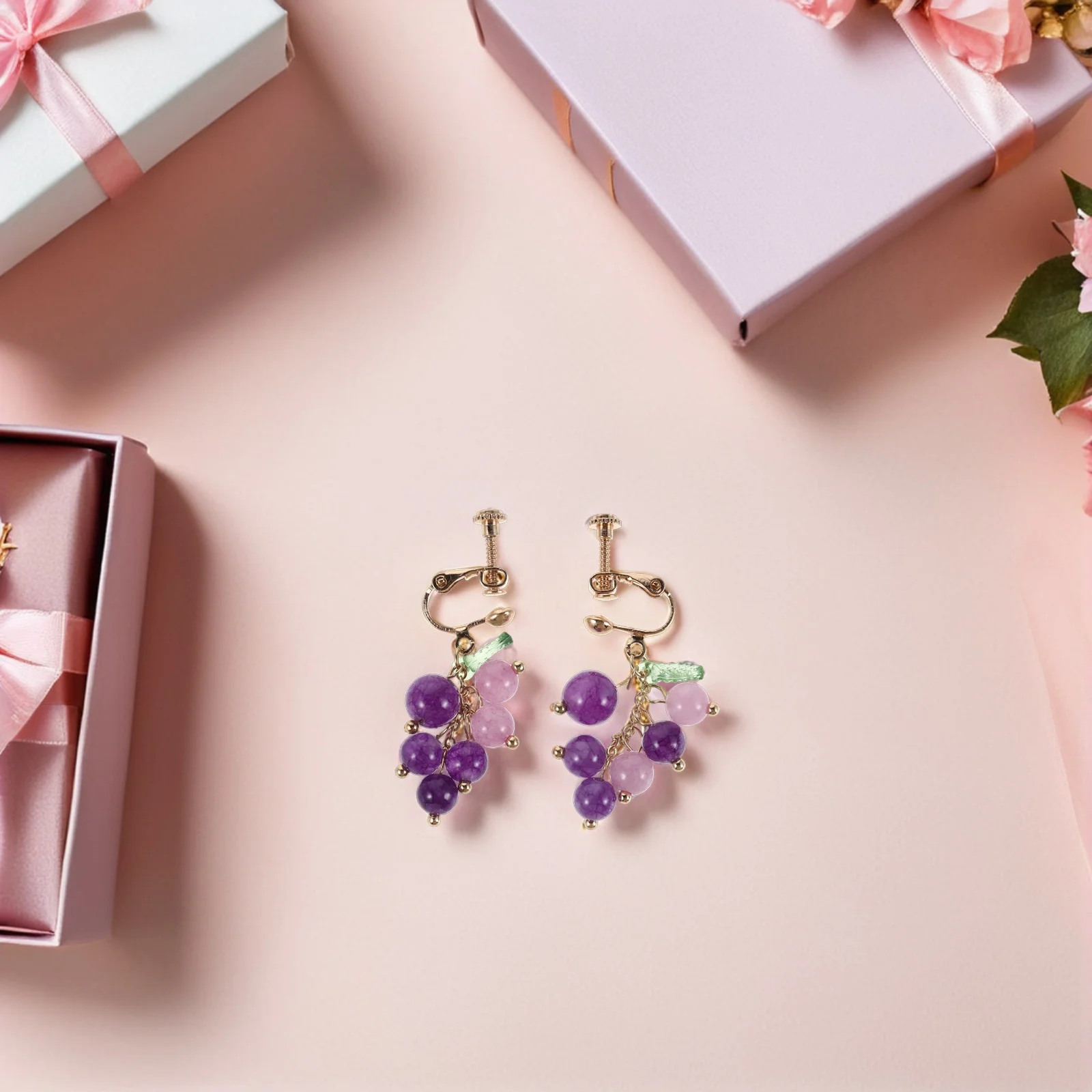 1 زوج كريستال أقراط كليب على غير مثقوب ثلاثية الأبعاد الفاكهة استرخى مجوهرات للنساء الأرجواني أوراق العنب تصميم العنب أقراط للنساء #2