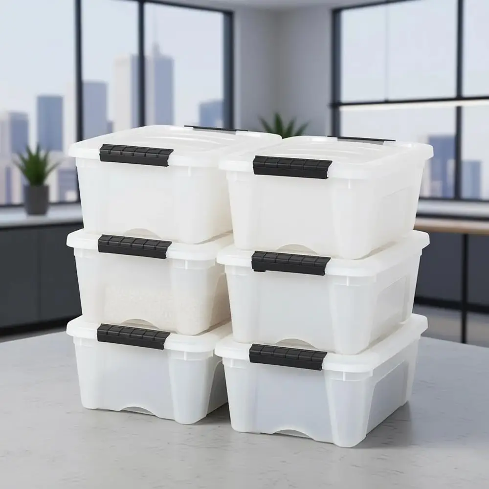 Paquete de 6 cajas de almacenamiento de plástico de 13 cuartos de galón con tapas, sin BPA, duraderas, apilables, contenedores organizadores, color perla