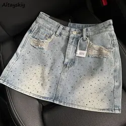 Vintage Denim Starry Skirts Women Mini Rhinestone A-line Korean Style Hot Spicy Girls Summer Streetwear Stylish 4XL Chic