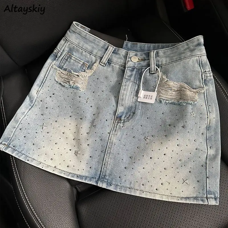 Vintage Denim Starry Skirts Women Mini Rhinestone Denim A-line Korean Style Hot Spicy Girls Summer Streetwear Stylish 4XL Chic