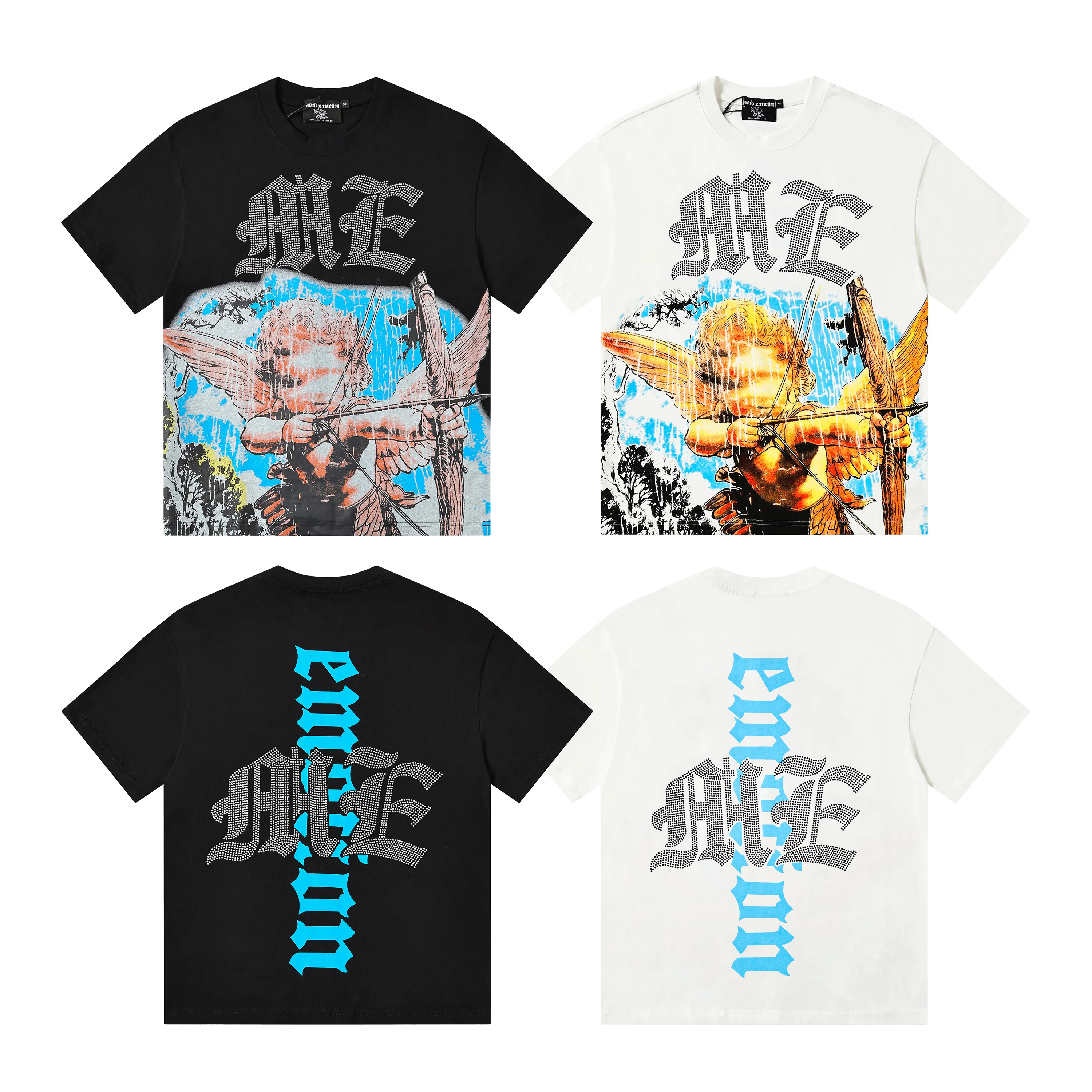 Mixed Emotion American Style Archery Angel Print Glitter Trendy High Street Heavyweight Cotton Short Sleeve T-Shirt Unisex