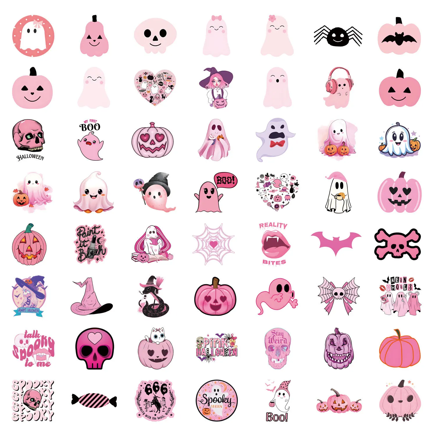 50PCS Cute Pink Halloween Ghost Skull Pumpkin Stickers DIY Stickers Scrapbooking Phone Luggage Skateboard Waterproof Decals