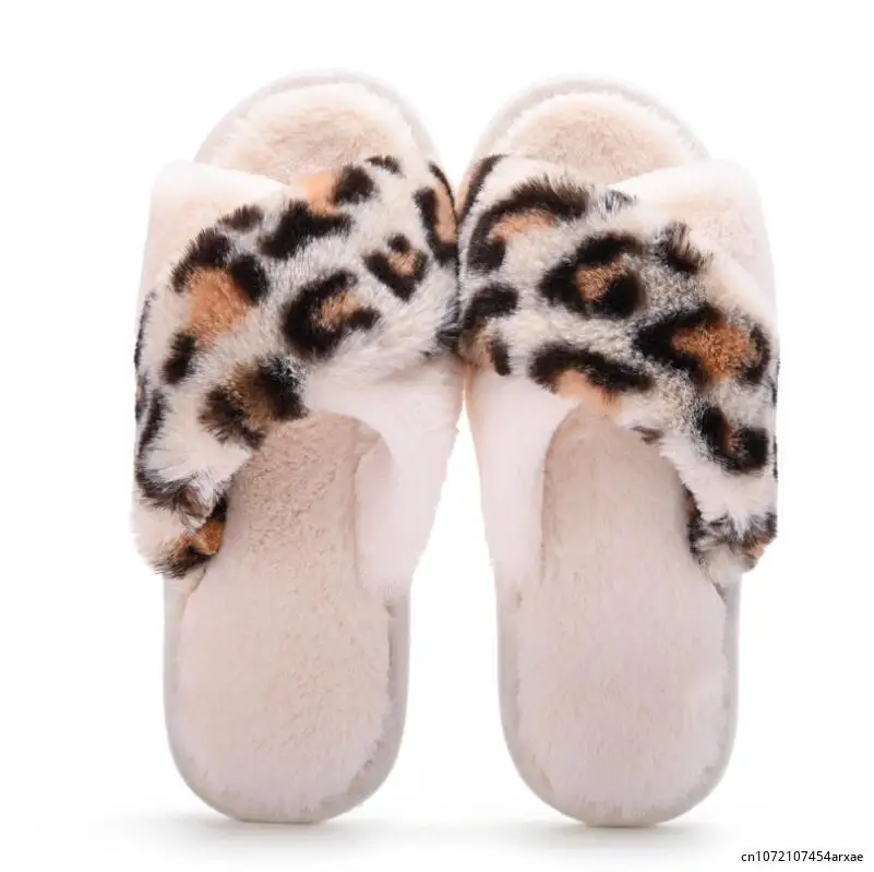 Winter Women House Slippers Sexy Leopard Print Faux Fur Fashion Warm Shoes Woman Slip on Flats Female Slides Home Furry Slippers