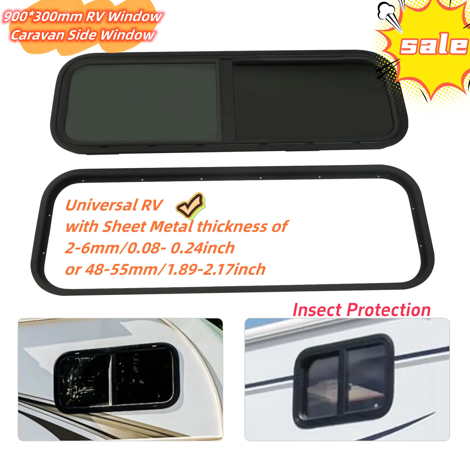 Okno RV 900 * 300 mm Okno boczne przyczepy kempingowej Przyciemniane okno przesuwne Ochrona przed owadami