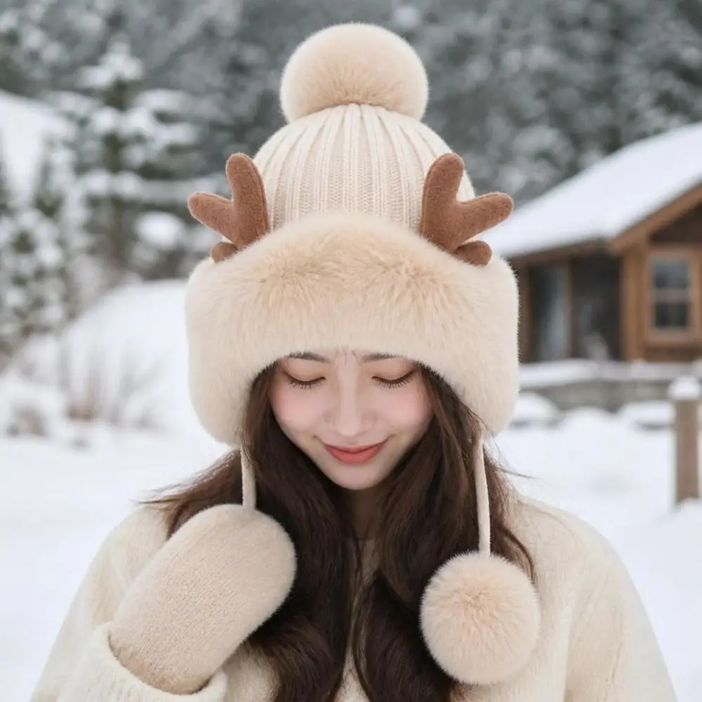 Cozy Thick Knit Trapper Hat Deer Antler Design Warm Insulation Knit Beanie Pom-Pom Detail Winter Hat Cold Weather
