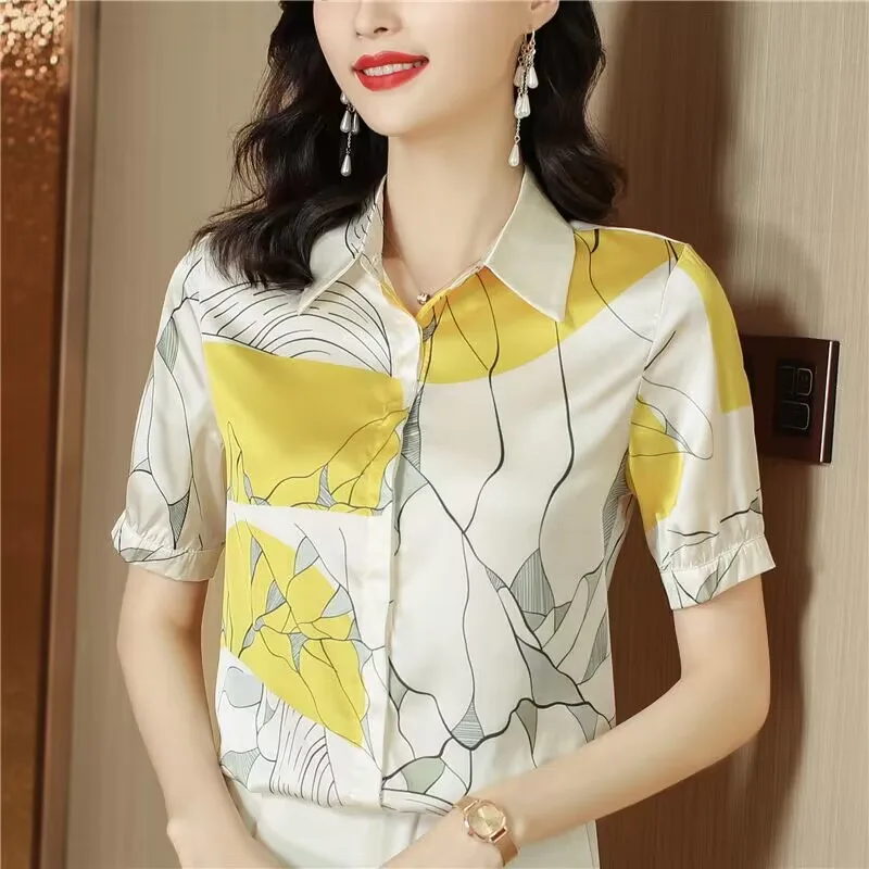 

Unique Shirt Women Short Sleeve Color Block Print Summer New Satin Mulberry Silk Top