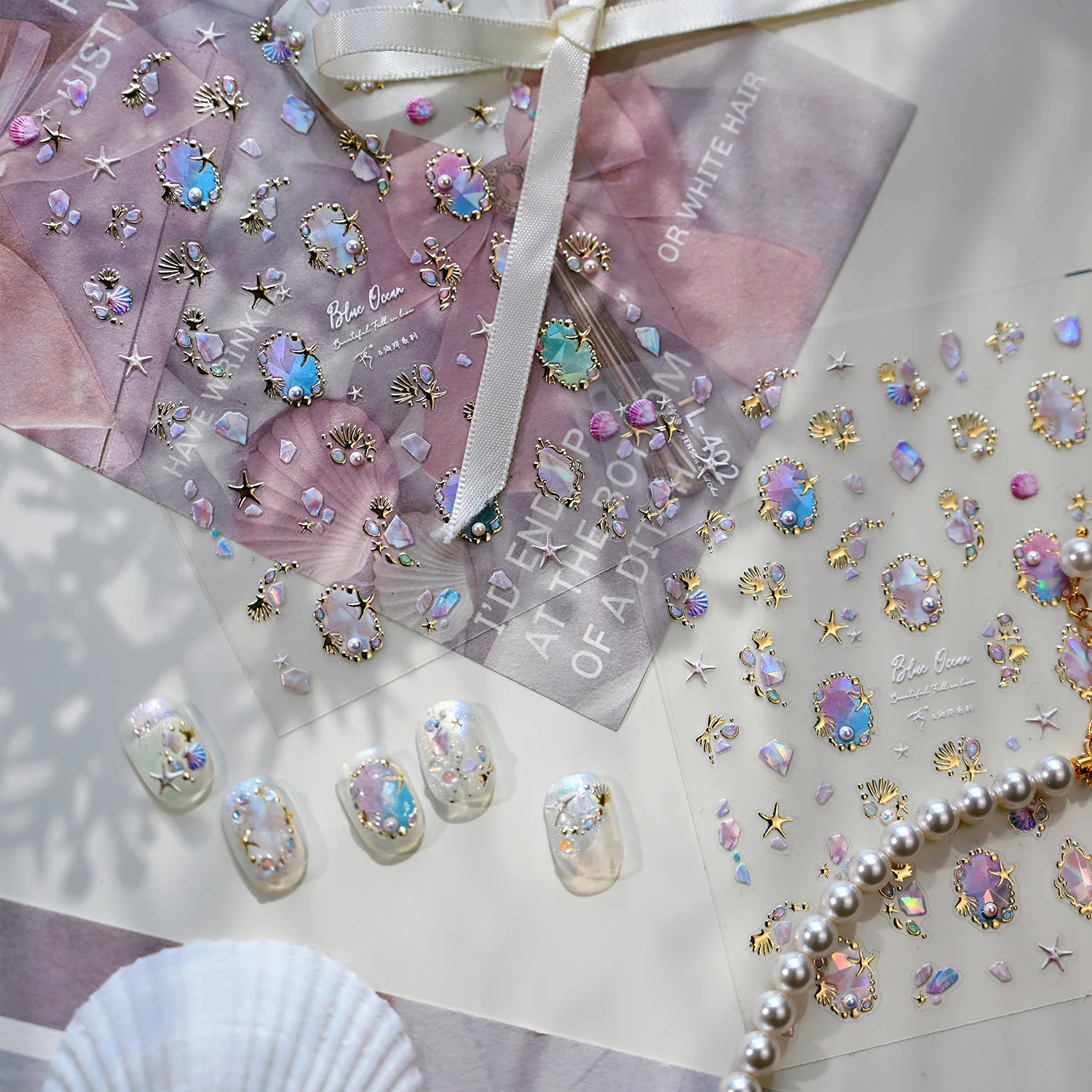 Estrella de mar de verano estampada en oro, concha de ensueño, perla polarizada, pegatinas 3D para decoración de uñas, medusas, Concha, Coral, mar de verano, calcomanías para manicura