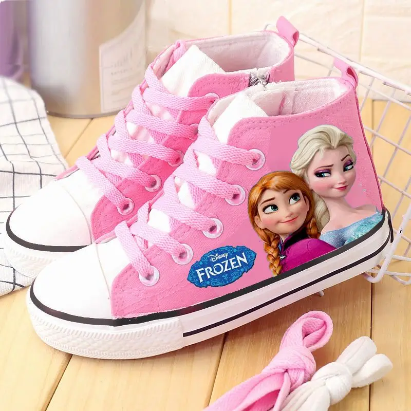 Disney-zapatos informales para niñas, Zapatillas altas para niños, zapatos de tablero, princesa Elsa, rosa, púrpura, talla 25-37