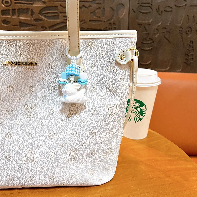 Flocking Cartoon White Dog Keychain Cute Animal Puppy Doll Pendant Keyring Girl Bag Phone Chain Decoration Key Chains
