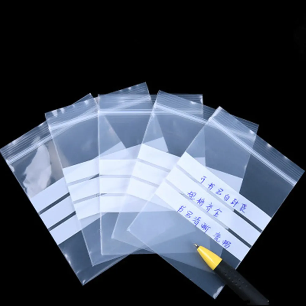 100Pcs Clear Plastic Zip Lock Packaging Bag Reusable Zipper Grip Self Seal for Dry Flower Food Bean Storage with Writable Line