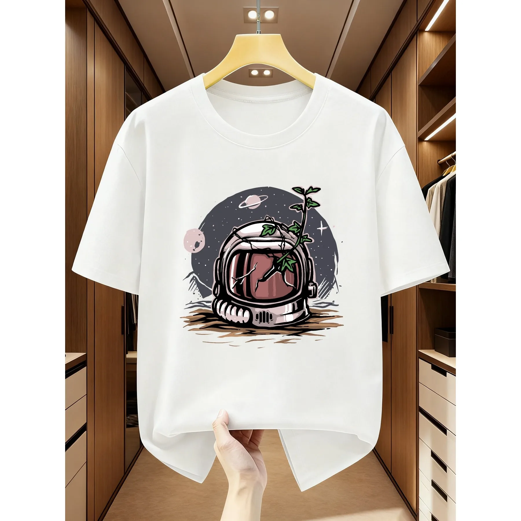 Astronaut Helmet Sprouting Plant Graphic Tee Breathable Cotton Casual Short Sleeve T-Shirt