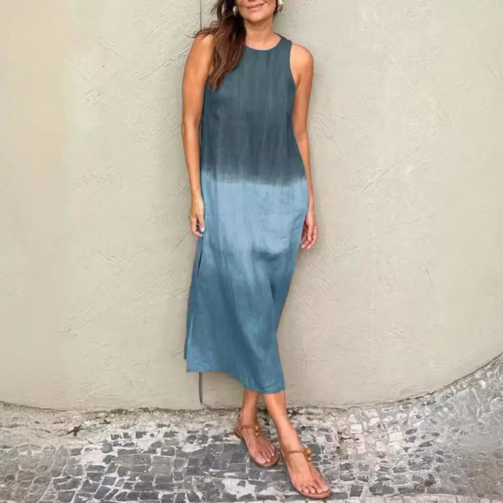 

Beach Dress Elegant Gradient Colorblock Midi Dress for Women O Neck Vest Type Summer Party Dress Stylish Mid-calf Length Beach