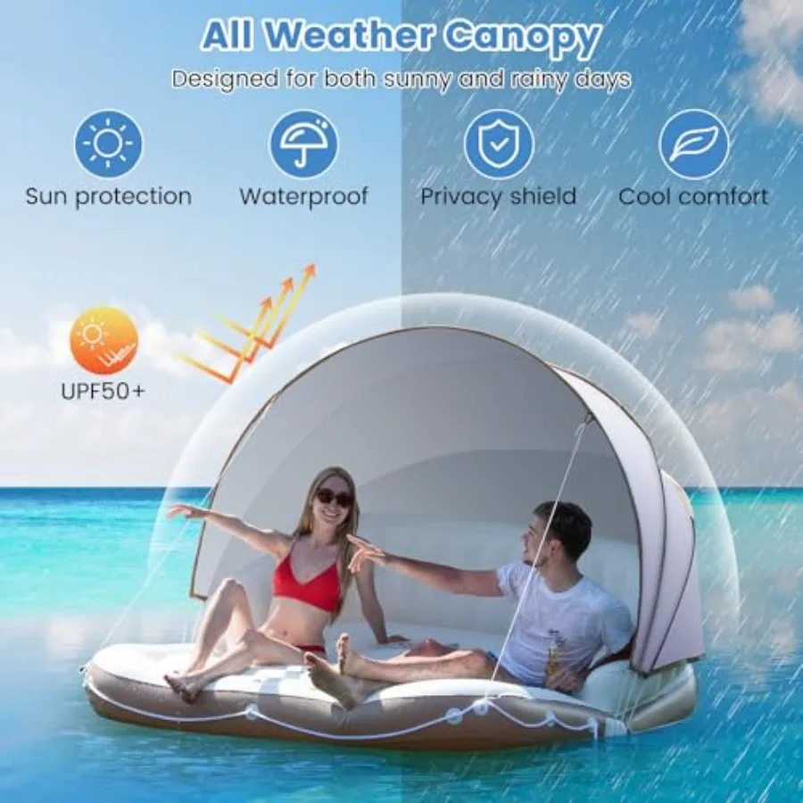 Pool float with canopy for lake and beach use, heavy duty PVC material, blue color, UPF50+ detachable sunshade, 2 cup holders,