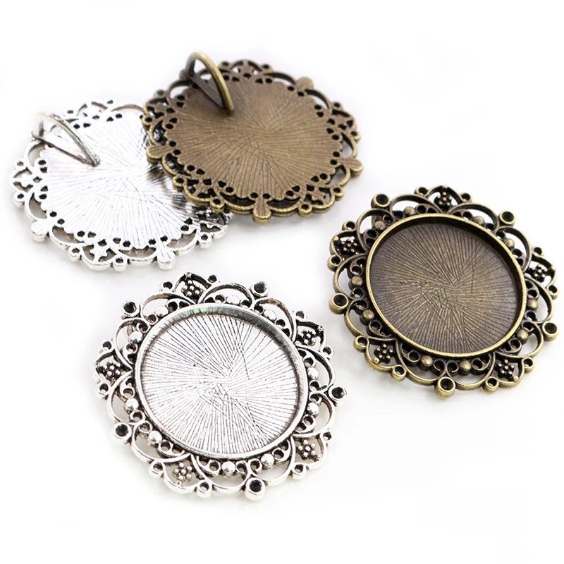 New Fashion 5pcs 25mm Inner Size Antique Silver Plated 5 Colors Pierced Style Cabochon Base Setting Charms Pendant