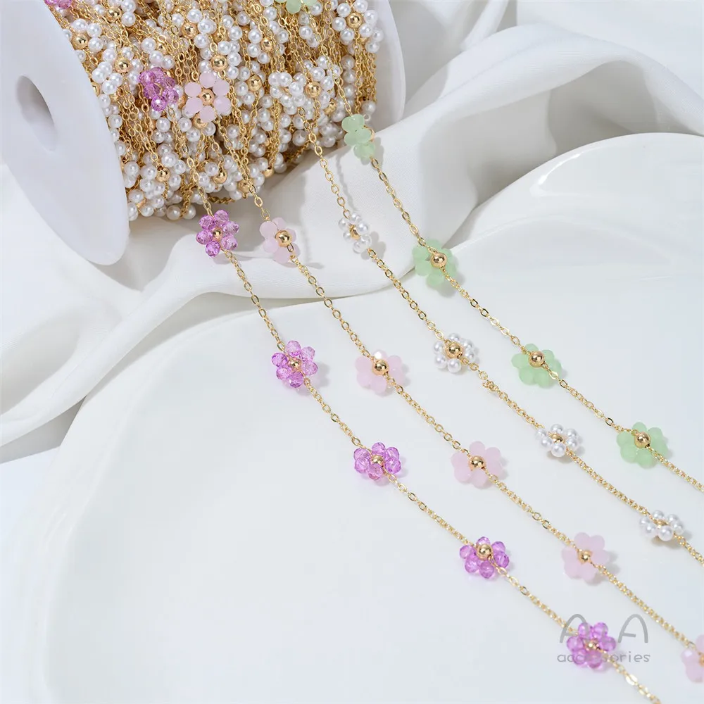 Diy Chain 14K Real Gold Pearl Purple Powder Green Crystal Flower Loose Chain Handcrafted Necklace Bracelet Accessories