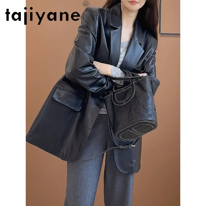 TAJIYANE Genuine Leather Jacket Woman Sheepskin Mid Length Leather Blazers Outerwear Black Jackets Slim Fit Korean Blazer Femme