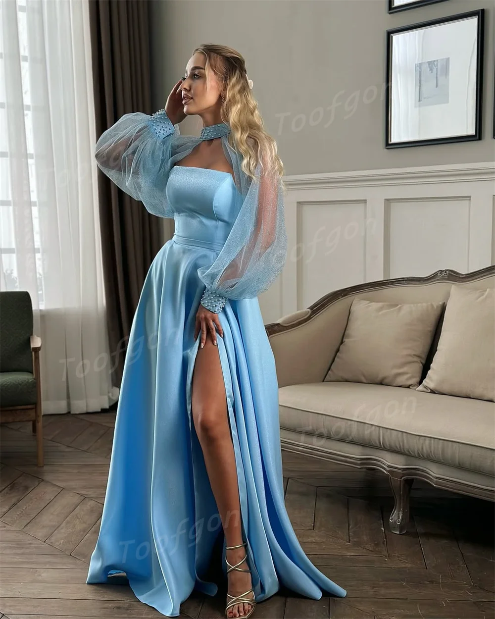 Toofgon-vestidos de noche azules sin tirantes con abertura larga, capa de manga larga brillante, vestidos de fiesta personalizados, vestido largo de celebridad para mujer